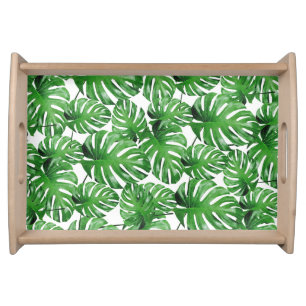 Watercolor Tropical Monstera Leaves Pattern Serving Tray