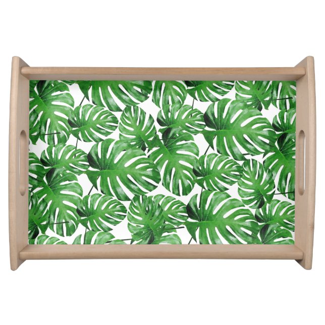 Watercolor Tropical Monstera Leaves Pattern Serving Tray (Front)