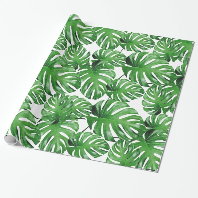 Watercolor Tropical Monstera Leaves Pattern Wrapping Paper (Unrolled)