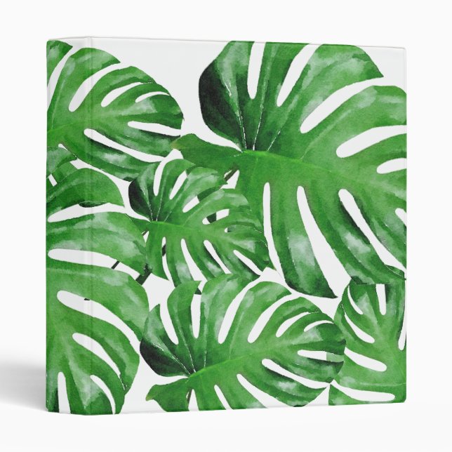 Watercolor Tropical Monstera Leaves Patterned Binder (Front/Spine)
