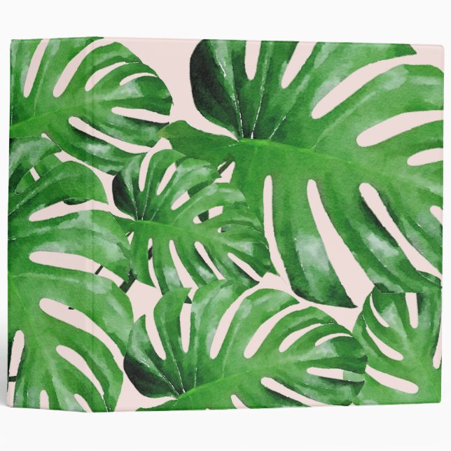 Watercolor Tropical Monstera Leaves Patterned Pink Binder (Front/Spine)