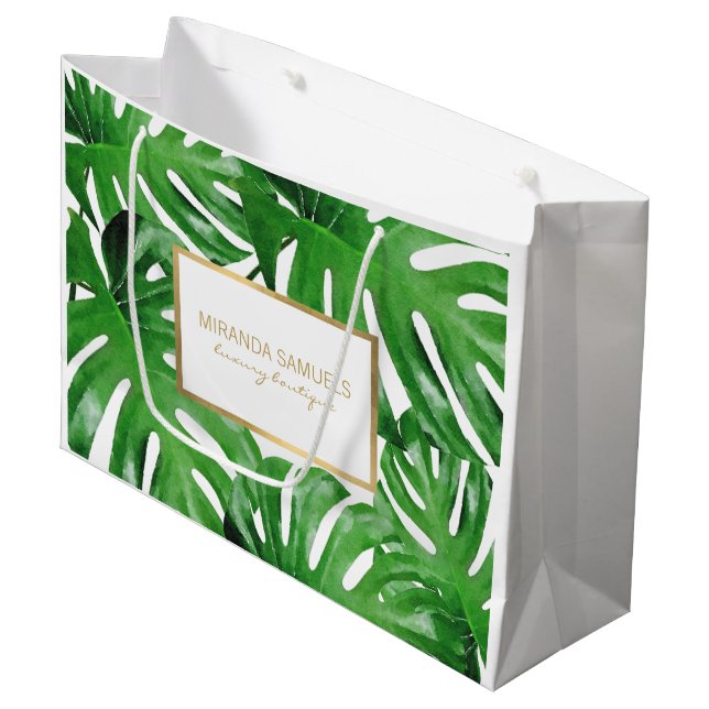 Watercolor Tropical Monstera Leaves Personalized Large Gift Bag (Front Angled)