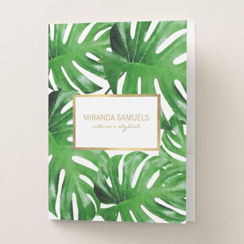 Watercolor Tropical Monstera Leaves Personalized Pocket Folder