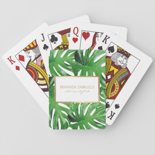 Watercolor Tropical Monstera Leaves Personalized Poker Cards