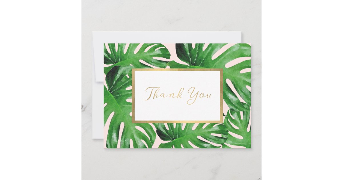 Watercolor Tropical Monstera Leaves Pink Thank You Note Card | Zazzle
