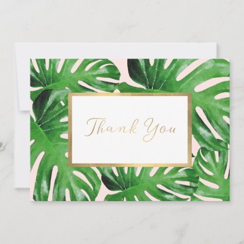Watercolor Tropical Monstera Leaves Pink Thank You Note Card