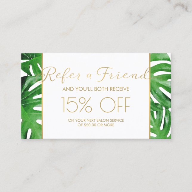 Watercolor Tropical Monstera Leaves Referral Card (Front)