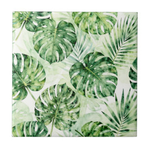 Watercolor Tropical Monstera Palm Leaves Pattern Ceramic Tile
