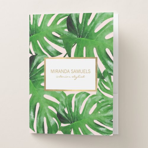 Watercolor Tropical Monstera Personalized Pink Pocket Folder