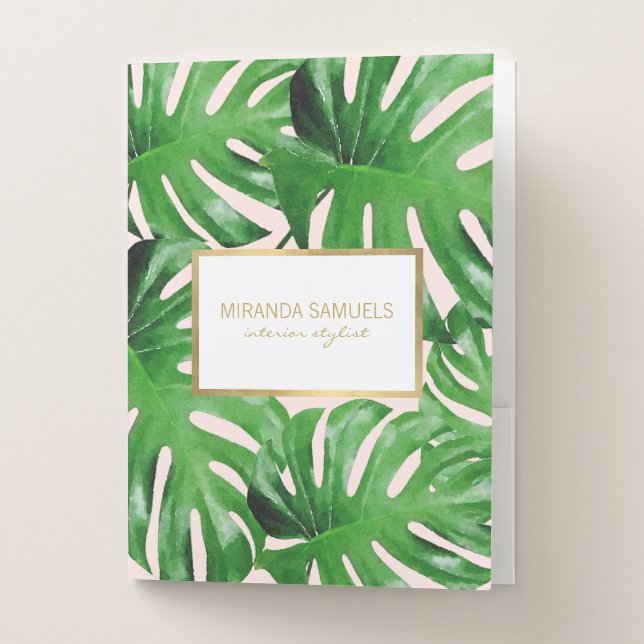 Watercolor Tropical Monstera Personalized Pink Pocket Folder (Front)