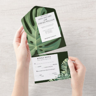 Watercolor tropical Monstera Wedding all in one Invitation