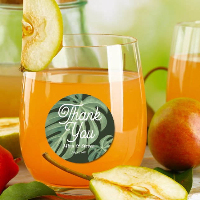 Watercolor tropical Monstera Wedding thank you  Classic Round Sticker (Creator Uploaded)