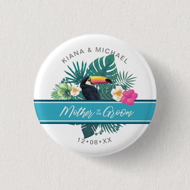 Watercolor Tropical Mother of Groom Teal ID577 Button (Front)