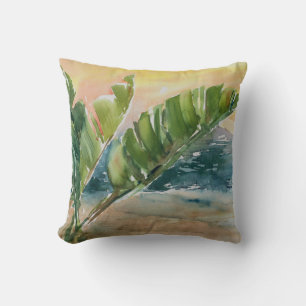 Watercolor Tropical Ocean Palm Trees Leaves Throw Pillow