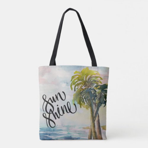 Watercolor Tropical Ocean Palm Trees Leaves Tote Bag