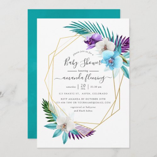 Watercolor Tropical Orchids Geometric Baby Shower Invitation