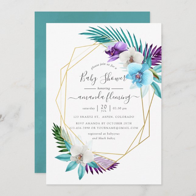 Watercolor Tropical Orchids Geometric Baby Shower Invitation (Front/Back)