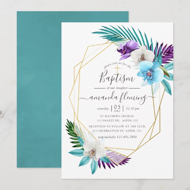 Watercolor Tropical Orchids Geometric Baptism Invitation (Front/Back)