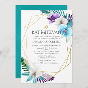 Watercolor Tropical Orchids Geometric Bat Mitzvah Invitation