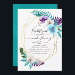 Watercolor Tropical Orchids Geometric Bat Mitzvah Invitation<br><div class="desc">Colorful watercolor tropical leaves and orchids bat mitzvah invitation with gold geometric frame and turquoise blue watercolor wash reverse.</div>