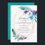 Watercolor Tropical Orchids Geometric Bat Mitzvah Invitation<br><div class="desc">Colorful watercolor tropical leaves and orchids bat mitzvah invitation with gold geometric frame and turquoise blue watercolor wash reverse.</div>