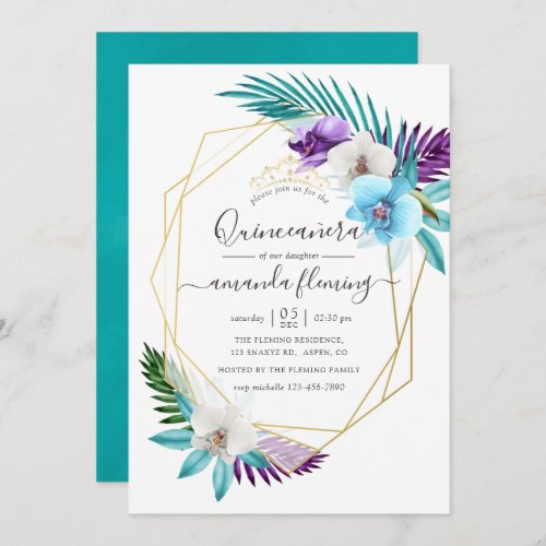 Watercolor Tropical Orchids Geometric Quinceaera Invitation