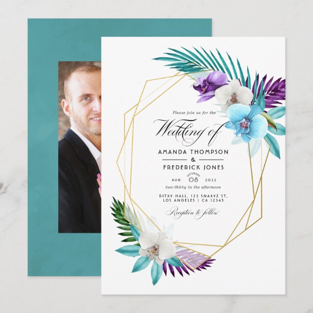 Watercolor Tropical Orchids Geometric Wedding Invi Invitation (Front/Back)