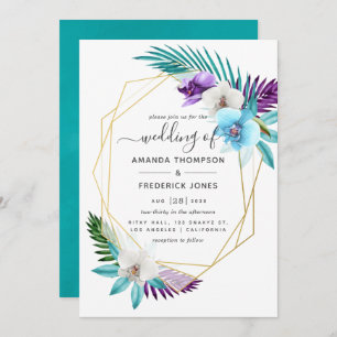 Watercolor Tropical Orchids Geometric Wedding Invitation