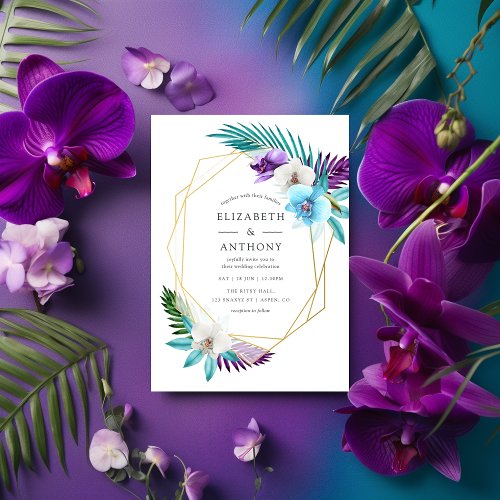Watercolor Tropical Orchids Geometric Wedding Invitation