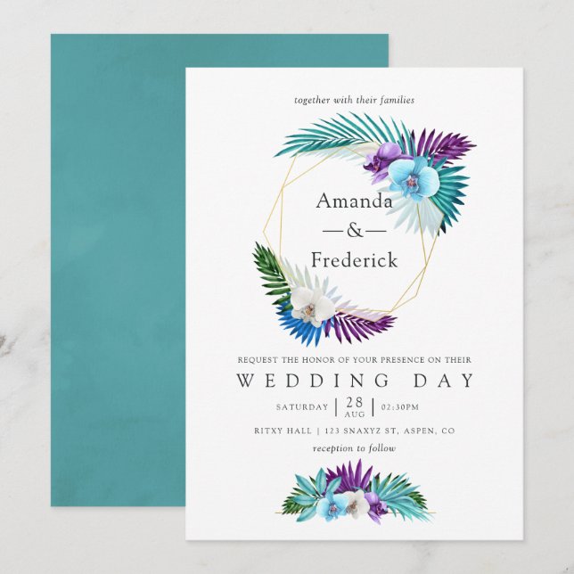 Watercolor Tropical Orchids Geometric Wedding Invitation (Front/Back)