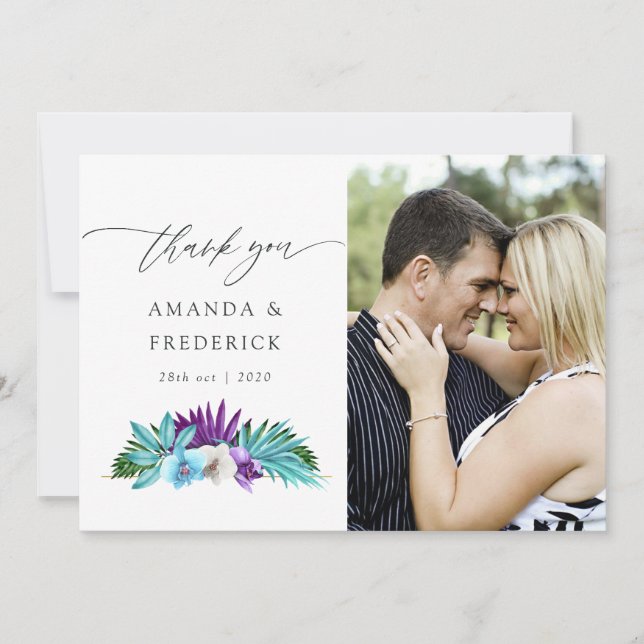 Watercolor Tropical Orchids Geometric Wedding Thank You Card (Front)