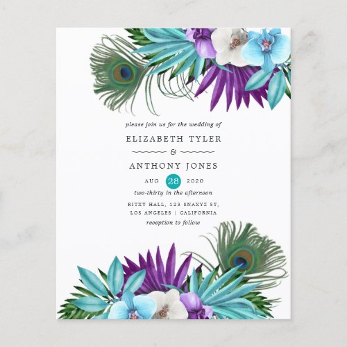 Watercolor Tropical Orchids Peacock Wedding Flyer