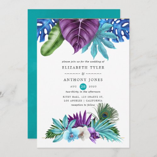 Watercolor Tropical Orchids Peacock Wedding Invitation