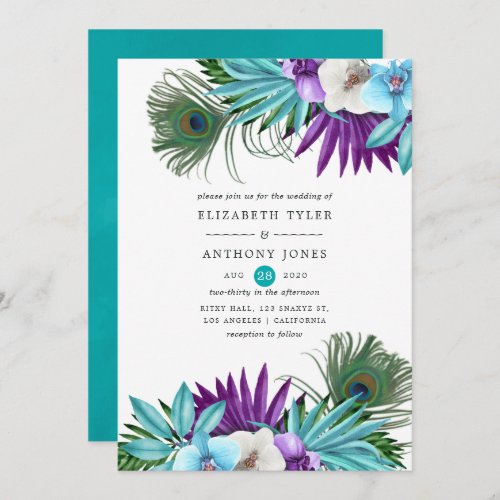 Watercolor Tropical Orchids Peacock Wedding Invitation