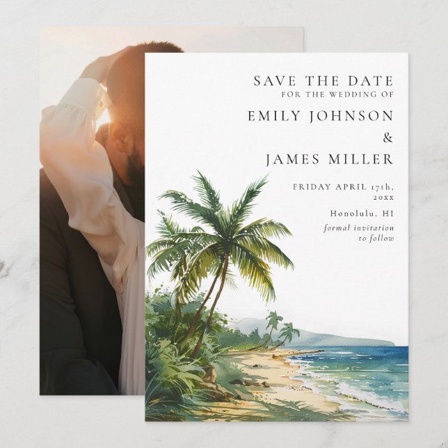 Watercolor Tropical Palm Beach Photo Wedding Save The Date (Front/Back)