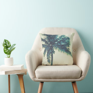 Watercolor Tropical Palm Beach Throw Pillow