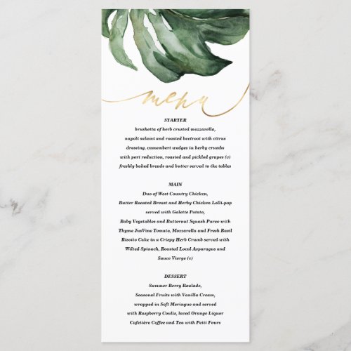 Watercolor tropical palm  gold wedding menu