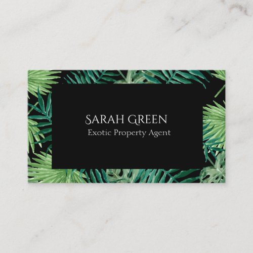 Watercolor Tropical Palm Greenery Leaves Black Business Card