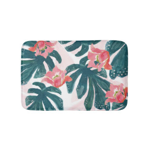 Watercolor Tropical Palm,Hawaiian Hibiskus Bathroom Mat