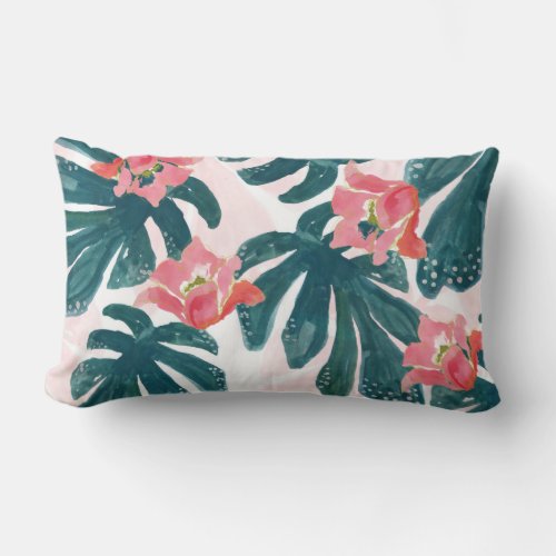 Watercolor Tropical PalmHawaiian Hibiskus Lumbar Pillow