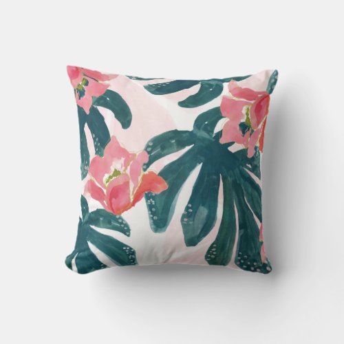 Watercolor Tropical PalmHawaiian Hibiskus Throw Pillow