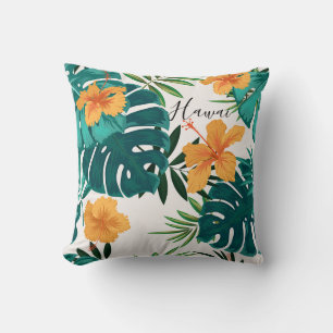 Watercolor Tropical Palm,Hawaiian Hibiskus Throw Pillow