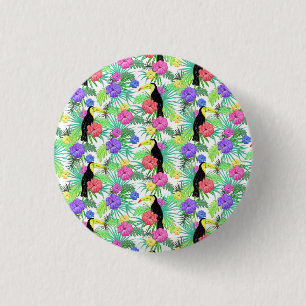Watercolor Tropical Palm,Hawaiian Hibiskus Toucan Button