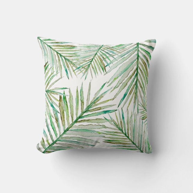 Watercolor Tropical Palm Leaf Throw Pillow (Front)