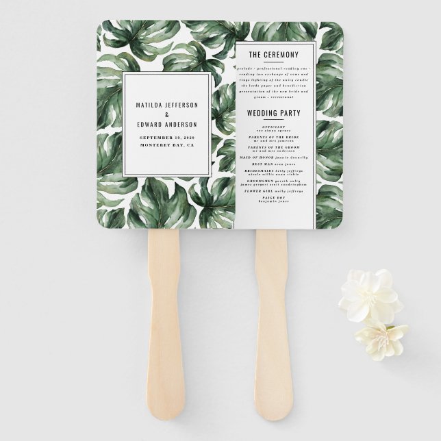 Watercolor tropical palm leaf wedding hand fan (Front and Back)