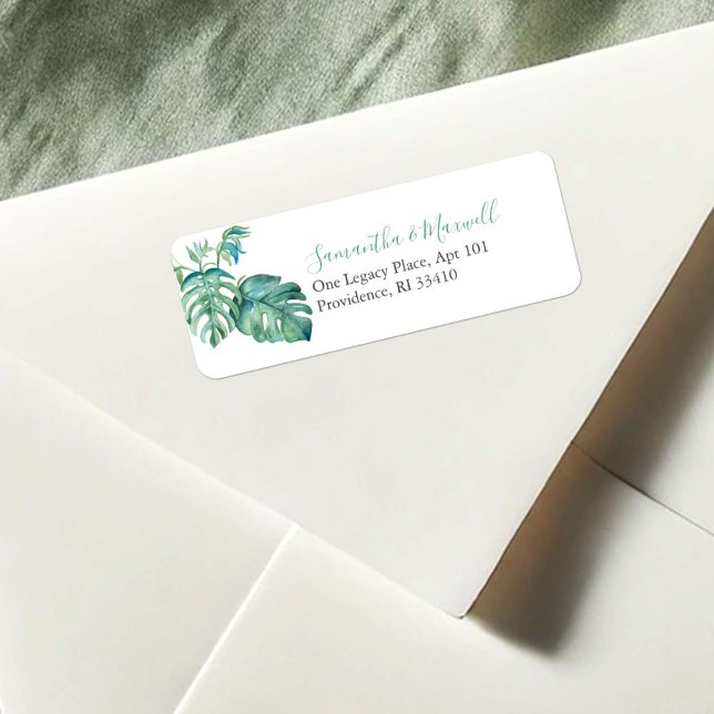 Watercolor Tropical Palm Leaves Address Labels (Florida return address labels watercolor monstera palm leaf by Victoria Grigaliunas Do Tell A Belle)