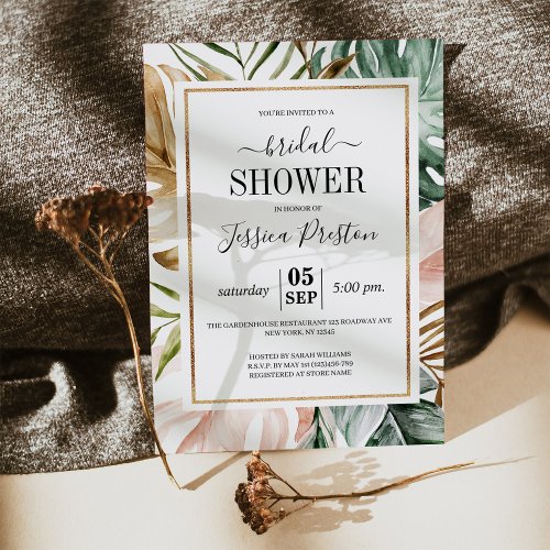 Watercolor Tropical Palm Leaves Bridal Shower Invitation