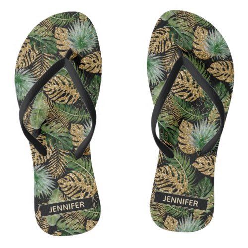 Watercolor Tropical Palm Leaves Gold Glitter Name Flip Flops