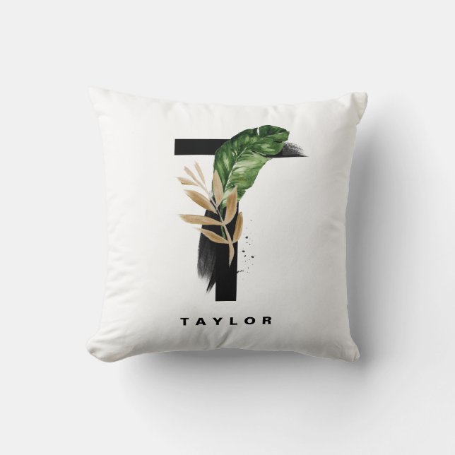 Watercolor Tropical Palm Leaves Letter T Monogram Throw Pillow (Front)
