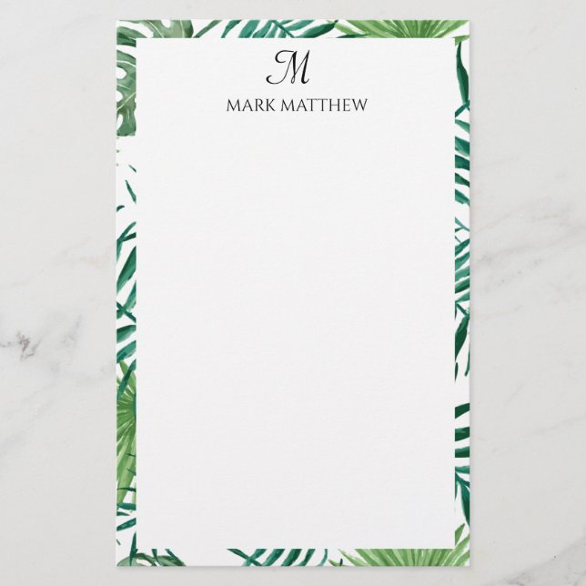 Watercolor Tropical Palm Leaves Monogram  Stationery (Front)